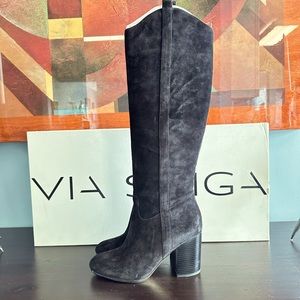 Via Spiga V-Babe Black Suede Western Style pull on knee boot